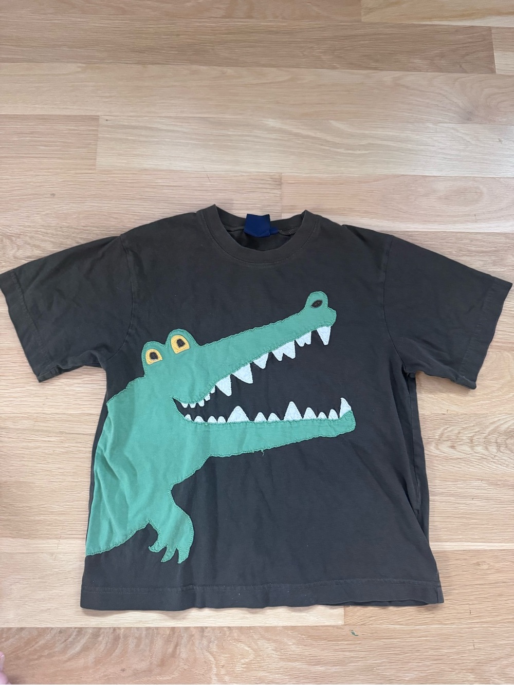 Mini Boden Dark Brown Tee with Green Crocodile Applique and Yellow Eye Detail